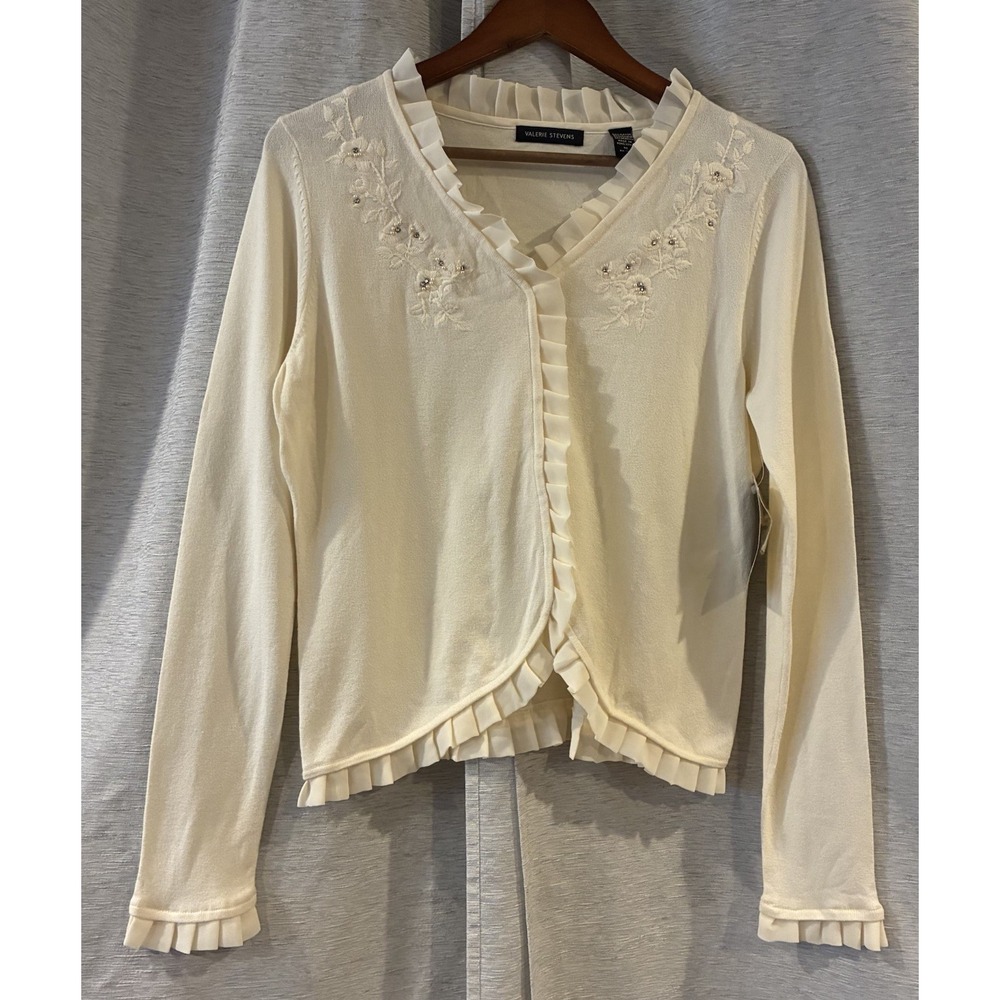 Valerie Stevens Y2K Ruffle Cardigan Sweater Embroidered Beige Fairy Whimsical M